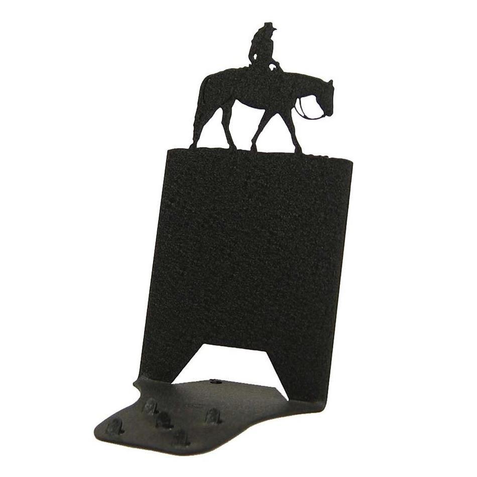 photo of a stand with a picture of a rider on a horse