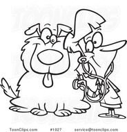 Cartoon Line Art Design Of A Female Vet Using Stethoscope On Dog