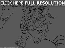 black and white drawing of children on a horse from a cartoon