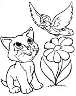 Black and white drawing of the cat,bird and flower clipart