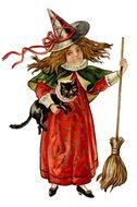 Antique Halloween drawing, Little Witch, Girl With Cat