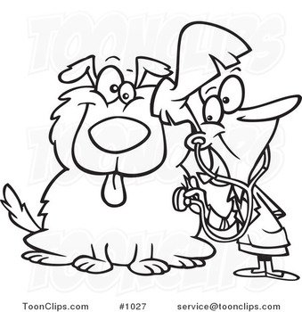 Cartoon Line Art Design Of A Female Vet Using Stethoscope On Dog
