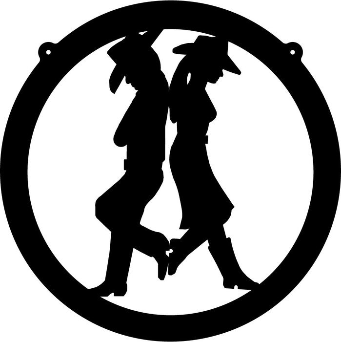 silhouettes of two cowboys in a black circle