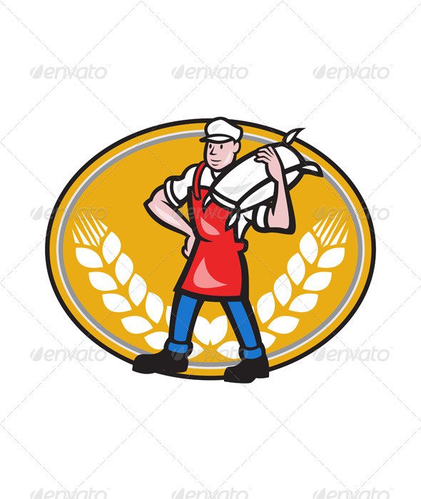 Flour Miller Carry Sack Wheat Oval People Characters