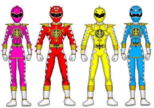 four differently colored Powerrangers