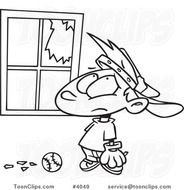 And White Line Drawing Of A Baseball Boy Looking At Broken Window