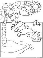 black and white drawing of the sea with a dolphin near the island