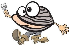 anthropomorphic Cockeyed Clam with fork
