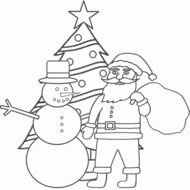 Snowman and santa at Christmas tree, Coloring Page