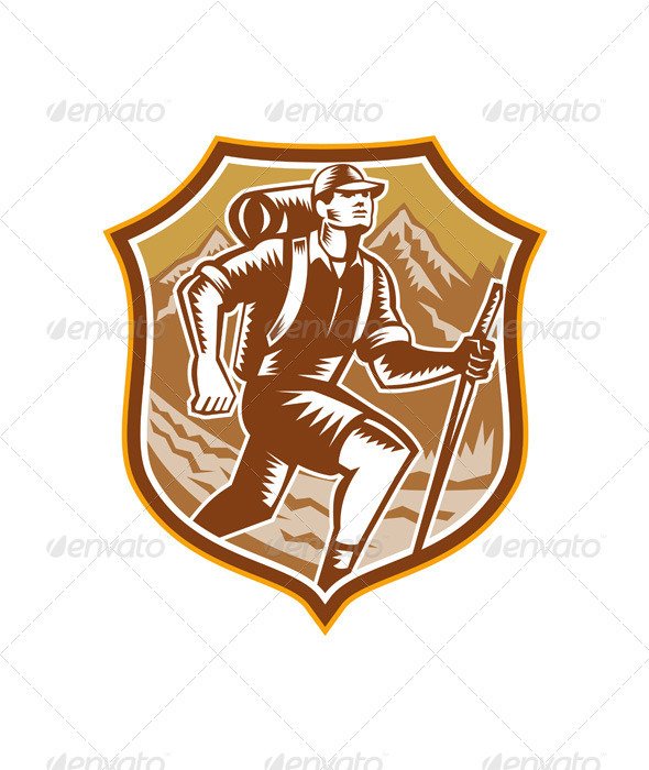Graphicriver Hiker Hiking Mountain Shield Woodcut Retro 6257615