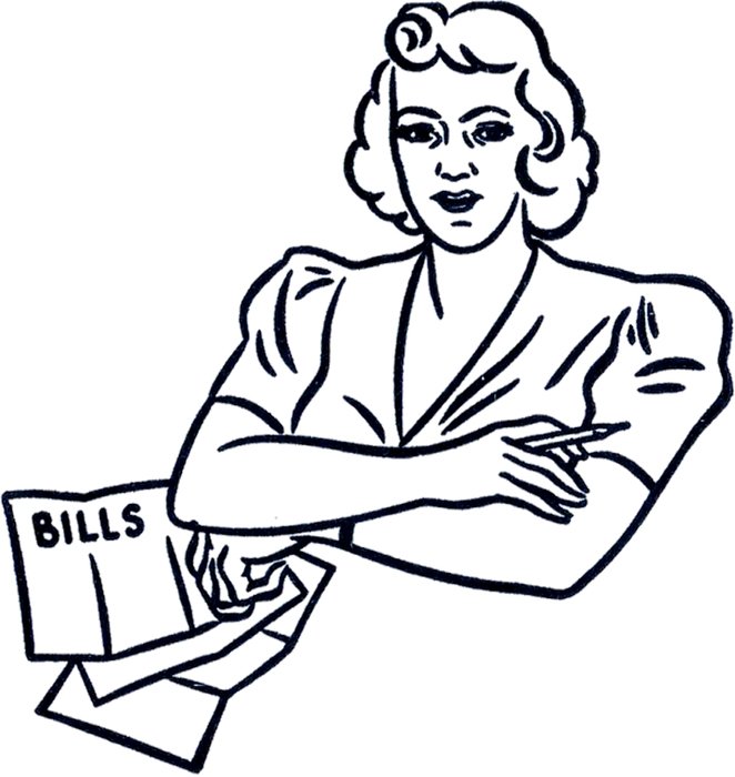 painted woman with retro haircut with bills in hand