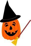 painted pumpkin in a cap and with a broom