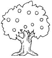 black and white drawing of a tree with fruits