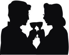 man and woman with wine glasses together, silhouette