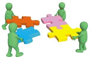 green men hold a colorful puzzle