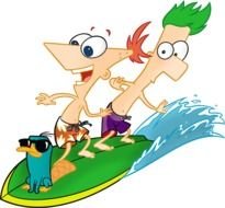 Phineas and Ferb with a platypus on a surfboard