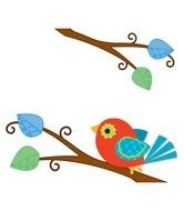 painted red bird with blue wings on a branch