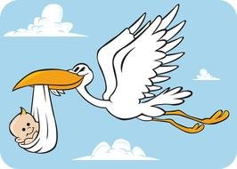 happy stork flying with baby in beak