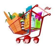 painted shopping cart with products