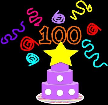 colorful banner with cake and number 100