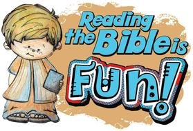 reading the bible is fun, banner, child boy with book beside of lettering