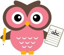 pink owl with a sheet of paper and a pencil