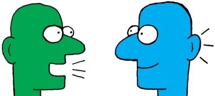 drawn green and blue heads of talking people