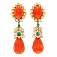 David Webb A Pair Of Coral Emerald And Diamond Ear Pendants At