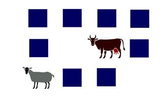 painted cow, sheep and blue squares