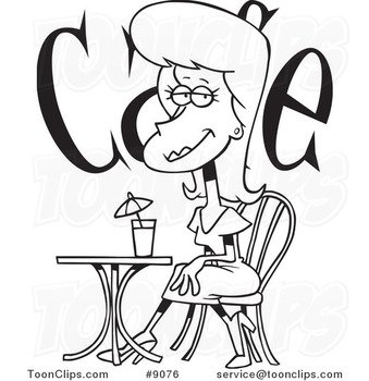 Cartoon Black And White Line Drawing Of A Beautiful Lady Cafe 9076 By