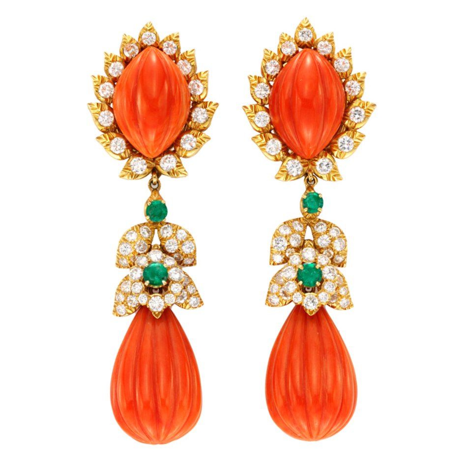 David Webb A Pair Of Coral Emerald And Diamond Ear Pendants At
