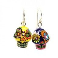 Yellow Skull Day Of Dead Earrings Handmade Ceramic Bead Pendant 00006