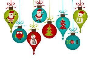 colorful vintage Christmas Decorations on ribbons, drawing