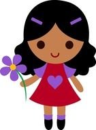 drawn girl with black hair and a purple flower