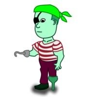 cartoon Pirate with one leg, one hand, one eye and green skin, drawing