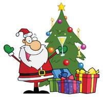 Santa Claus drawing near the Christmas tree with gifts