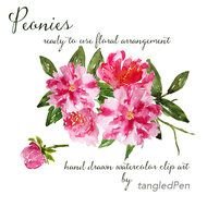 Watercolor Hand Painted Pink Peony Flowers Green Leaves Diy