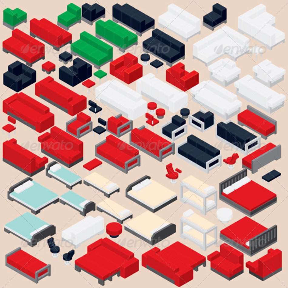 Isometric Furniture Collection Set Of Various Vector Sofa Bed Chair