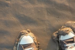 feet in shoes on wet sand close up