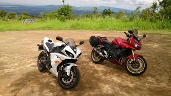 red and white motorcycles are on the road