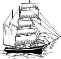 vintage sailboat on water, black and white draving