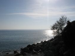 rocky coast at glossy sea, italy, calabria, guardia piemontese