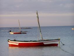 red-white boats moored on the beach