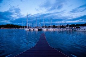 distant view of the yachts in the harbor at blue twilight