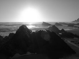 monochrome landscape picture of unusually beautiful evening sky over the sea