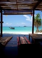 distant view of a boat on the water on a paradise beach