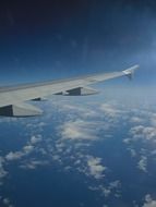 wing of the plane against the blue sky with clouds