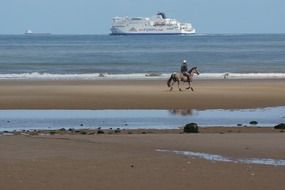 horse rider on sand seashore ship aback