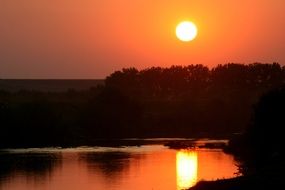 mirror image of the sunset in the lake