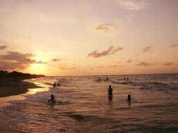 people swimming in the sea at sunset
